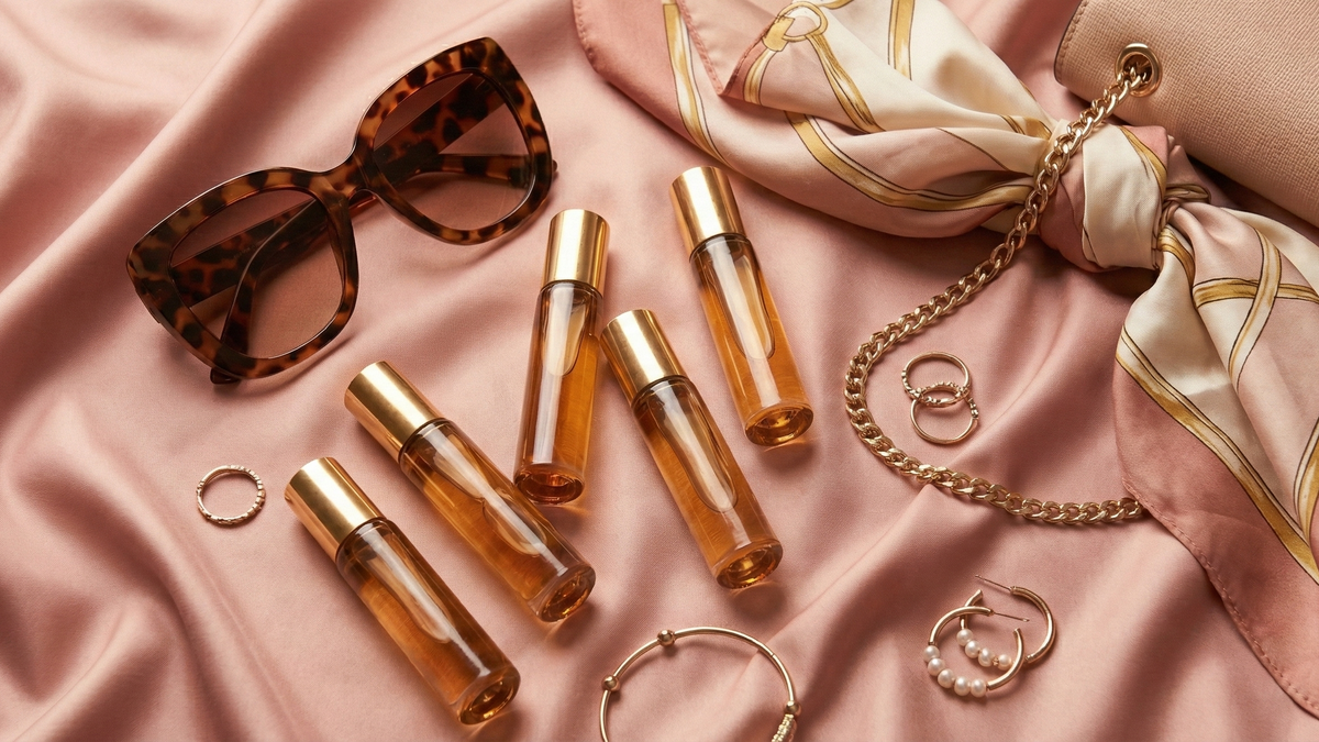 Set of perfume bottles, sunglasses, and jewelry on a pink fabric background